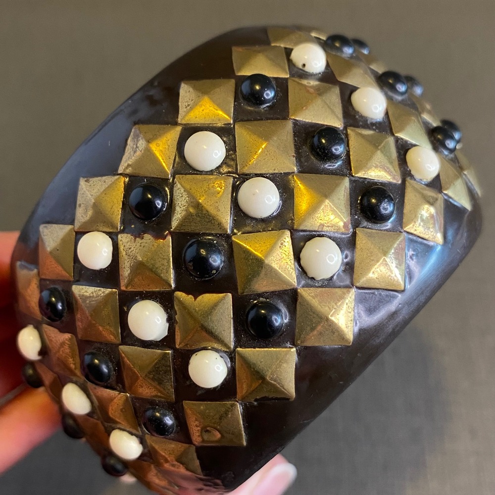 Vintage Wide Studded Bangle Bracelet Brass Black White Cabochon Chunky Geometric